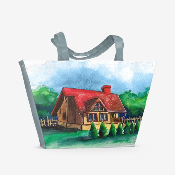 Пляжная сумка «Деревенский домик с красной крышей»