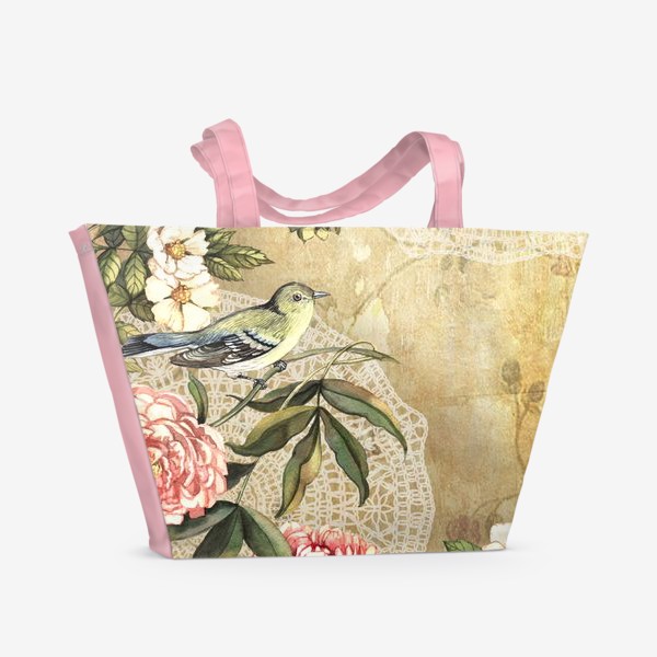 Пляжная сумка «Винтаж. Птица и цветы. »