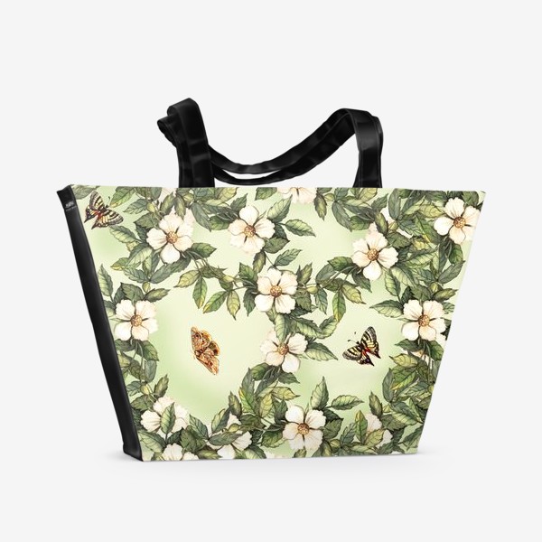 Пляжная сумка «Орнамент с цветами шиповника и бабочками»