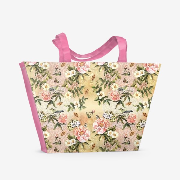 Пляжная сумка &laquo;Винтажный изящный орнамент с цветами, птичками и кружевами&raquo;