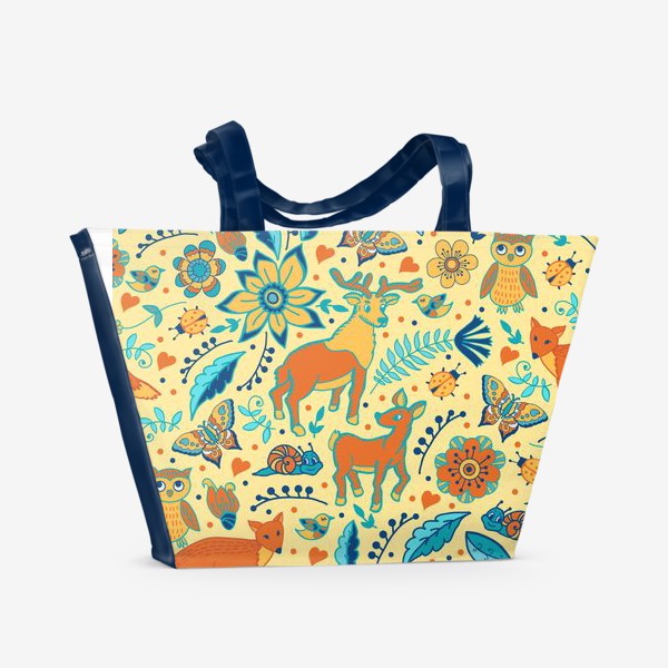 Пляжная сумка «Сказочный паттерн с животными и цветами»