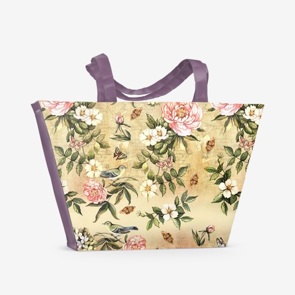 Пляжная сумка «Винтажный акварельный орнамент с цветами и птицами»