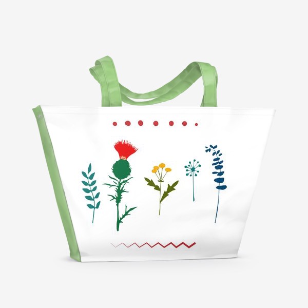 Пляжная сумка «Чертополох, пижма и другие травы на белом фоне»