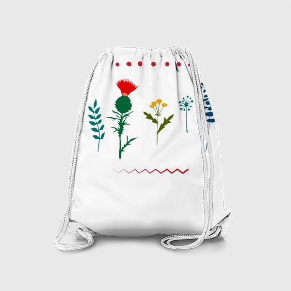 Рюкзак «Чертополох, пижма и другие травы на белом фоне»