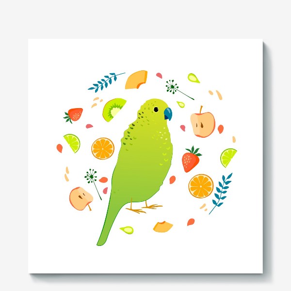 Холст «Салатовый волнистый попугайчик в окружении фруктов, ягод и травинок»