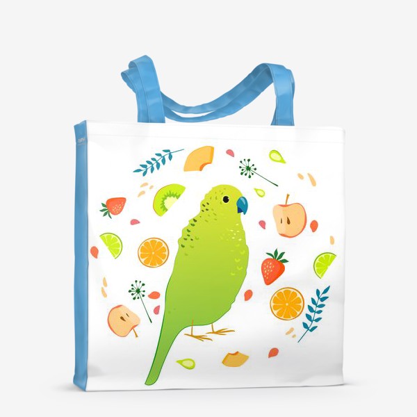 Сумка-шоппер «Салатовый волнистый попугайчик в окружении фруктов, ягод и травинок»