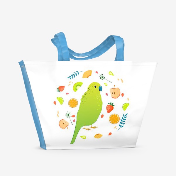 Пляжная сумка «Салатовый волнистый попугайчик в окружении фруктов, ягод и травинок»