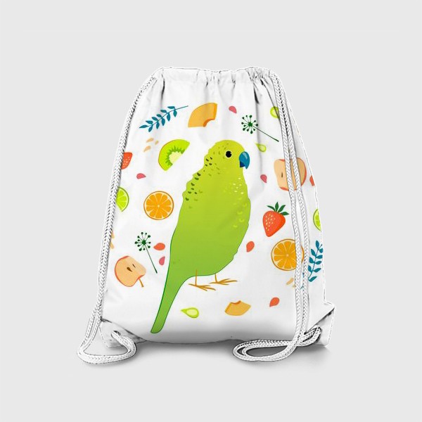 Рюкзак «Салатовый волнистый попугайчик в окружении фруктов, ягод и травинок»