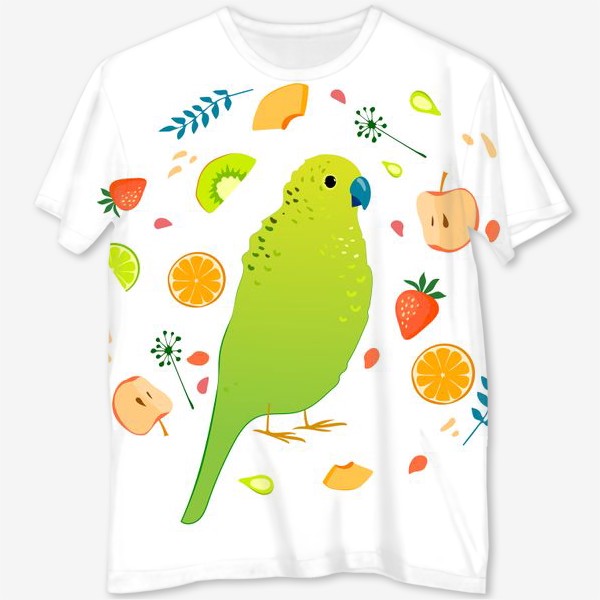 Футболка с полной запечаткой «Салатовый волнистый попугайчик в окружении фруктов, ягод и травинок»