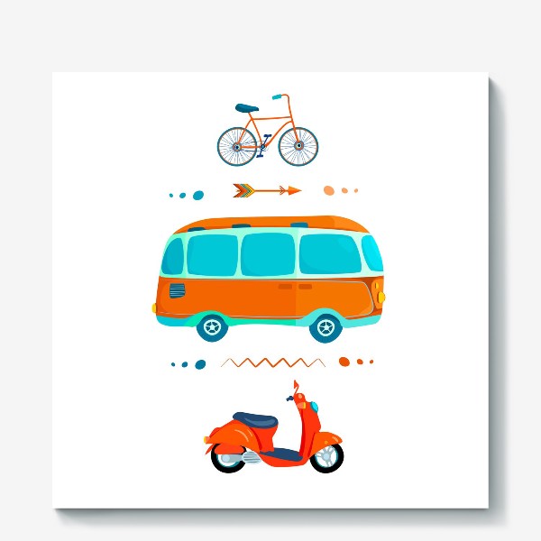 Холст «Автобус, мотороллер и велосипед на белом фоне»