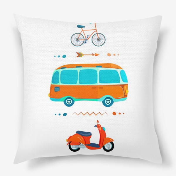 Подушка «Автобус, мотороллер и велосипед на белом фоне»