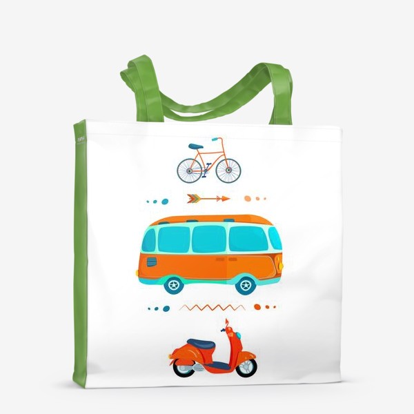 Сумка-шоппер «Автобус, мотороллер и велосипед на белом фоне»