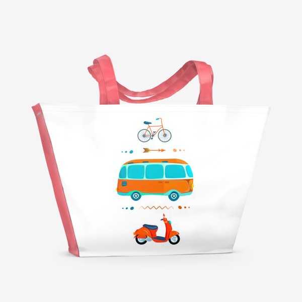 Пляжная сумка «Автобус, мотороллер и велосипед на белом фоне»