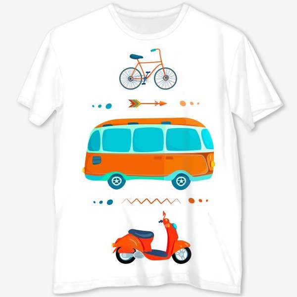 Футболка с полной запечаткой «Автобус, мотороллер и велосипед на белом фоне»