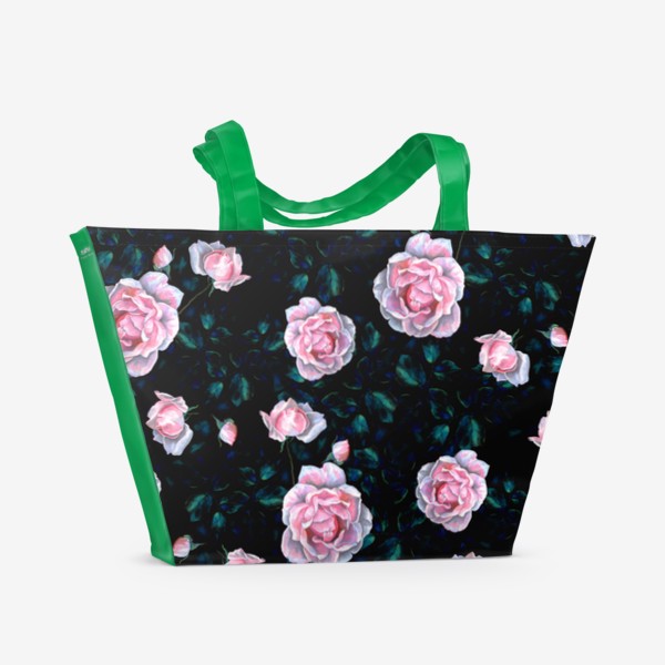 Пляжная сумка «Розы розовые на черном»