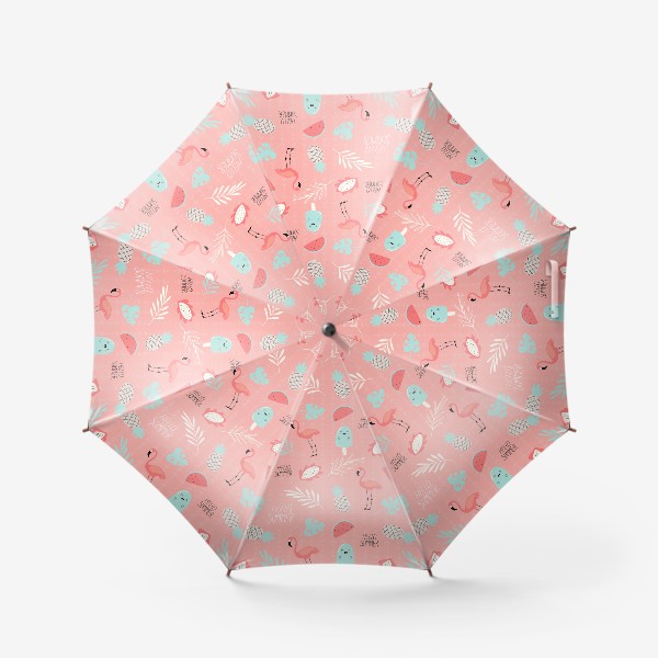 Зонт «паттерн с розовыми фламинго фруктами и растениями в стиле дудл на розовом фоне »