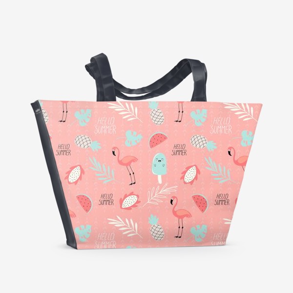 Пляжная сумка «паттерн с розовыми фламинго фруктами и растениями в стиле дудл на розовом фоне »