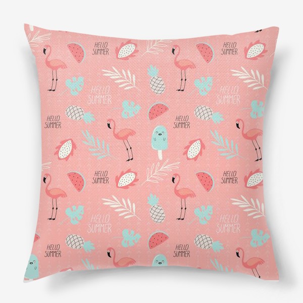 Подушка «паттерн с розовыми фламинго фруктами и растениями в стиле дудл на розовом фоне »