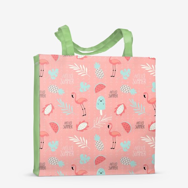 Сумка-шоппер «паттерн с розовыми фламинго фруктами и растениями в стиле дудл на розовом фоне »