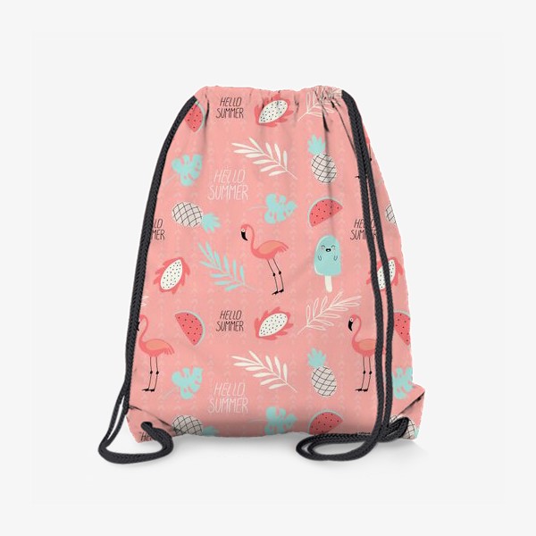 Рюкзак «паттерн с розовыми фламинго фруктами и растениями в стиле дудл на розовом фоне »