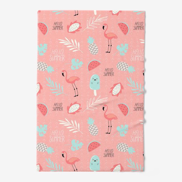 Полотенце «паттерн с розовыми фламинго фруктами и растениями в стиле дудл на розовом фоне »