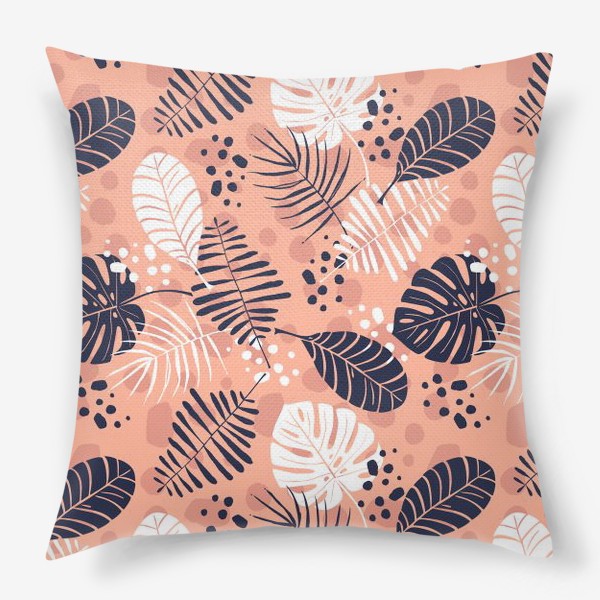 Подушка «паттерн с синими и белыми тропическими листьями на розовом фоне »