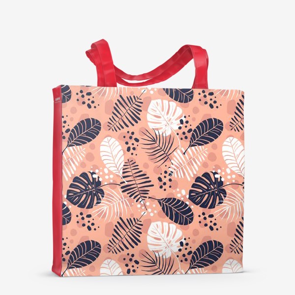 Сумка-шоппер «паттерн с синими и белыми тропическими листьями на розовом фоне »