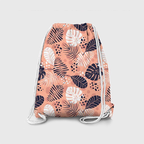 Рюкзак «паттерн с синими и белыми тропическими листьями на розовом фоне »
