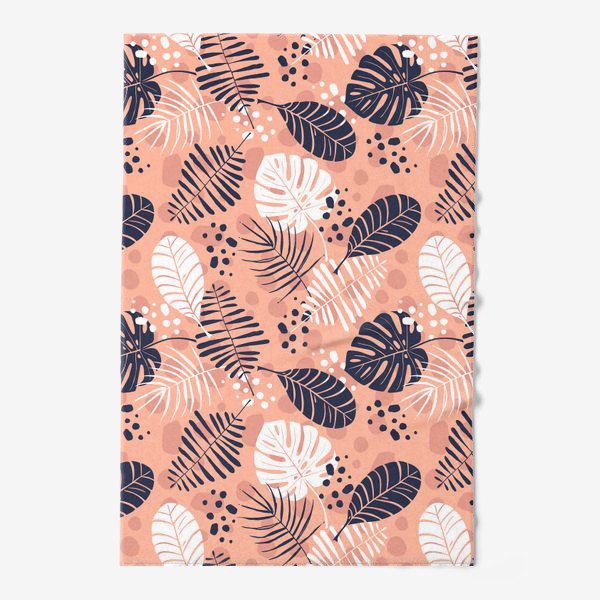 Полотенце «паттерн с синими и белыми тропическими листьями на розовом фоне »