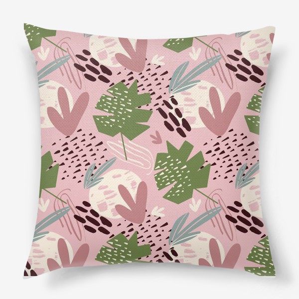 Подушка «паттерн с абстрактным фоном и тропическими листьями на розовом фоне »
