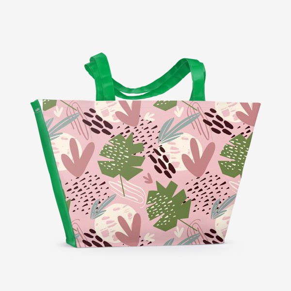Пляжная сумка &laquo;паттерн с абстрактным фоном и тропическими листьями на розовом фоне &raquo;