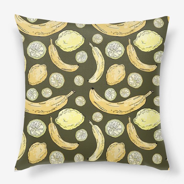 Подушка «Летний паттерн с лимонами и бананами»