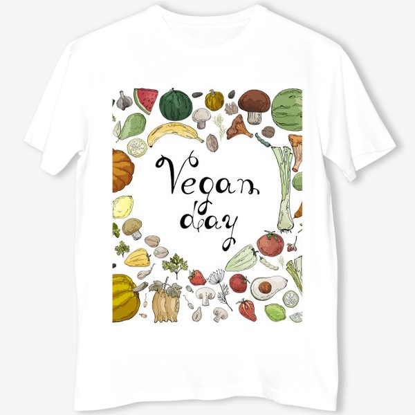 Футболка &laquo;Коллаж из овощей, фруктов, ягод и зелени, посвященный Дню Вегана&raquo;