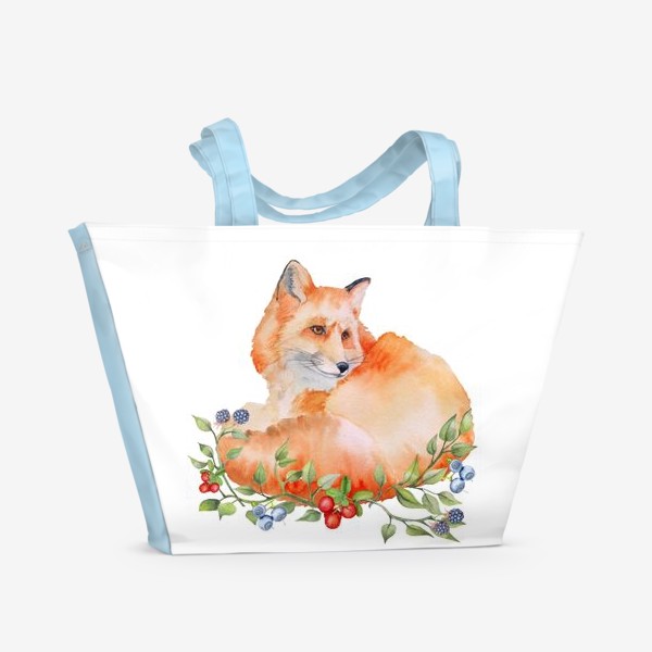 Пляжная сумка «Рыжая лисичка в кустах лесных ягод.»