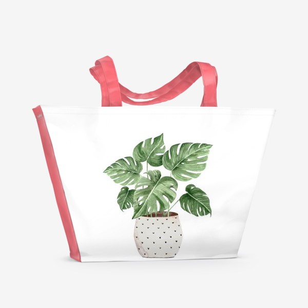 Пляжная сумка &laquo;Зеленое комнатное растение Монстера в горшке, крупным планом на белом фоне&raquo;