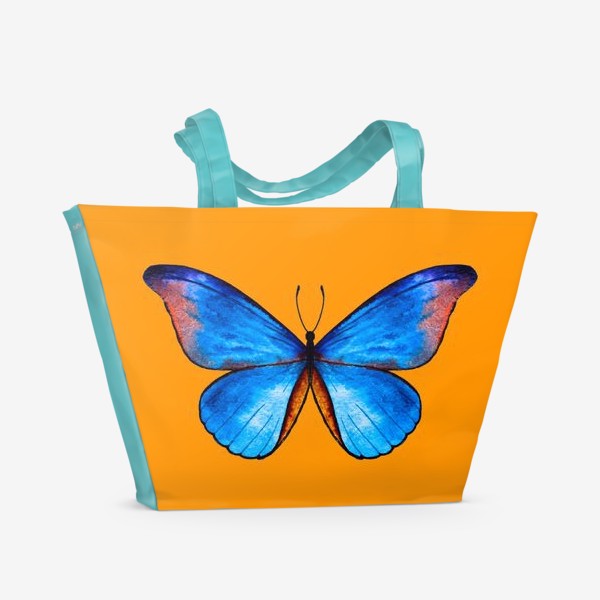 Пляжная сумка «Бабочка в голубом на оранжевом»
