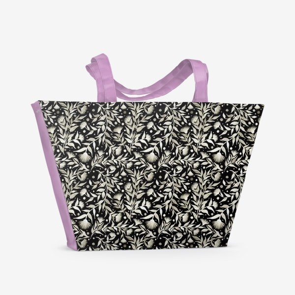 Пляжная сумка «Растительный черно-белый узор инверсия»