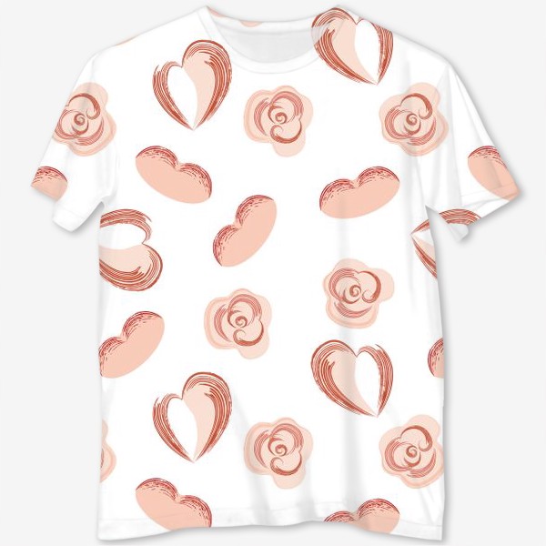 Футболка с полной запечаткой «Seamless pattern with doodle love symbols, hatched spots, hearts, roses. White Background»