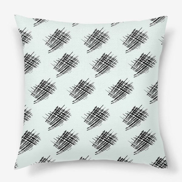 Подушка «Seamless pattern with black lattice doodles, on a white background black hatched hand-drawn spots»