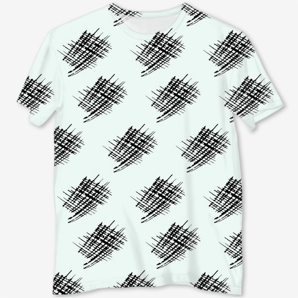 Футболка с полной запечаткой «Seamless pattern with black lattice doodles, on a white background black hatched hand-drawn spots»
