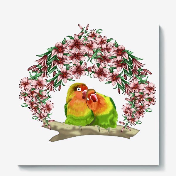 Холст «Влюбленные попугайчики среди лилий »
