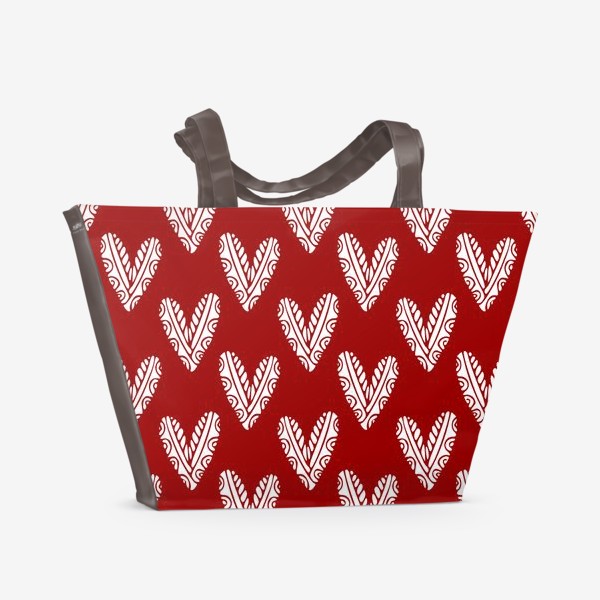 Пляжная сумка «Сердечки. Сердца на красном фоне»