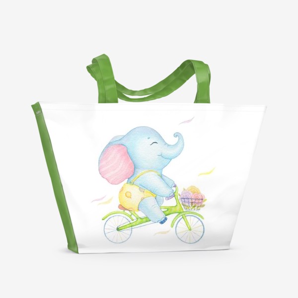 Пляжная сумка «Слон на велосипеде с цветами»