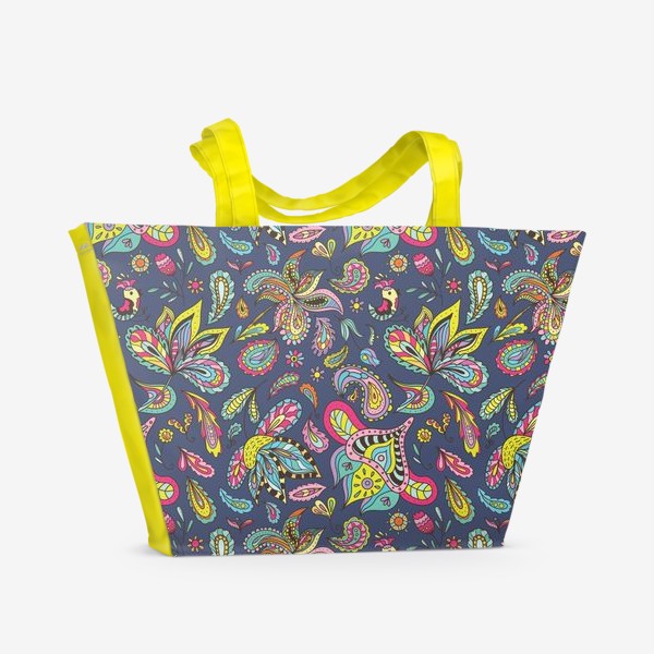 Пляжная сумка «Яркие летние индийские орнаменты с огурцами и цветами»
