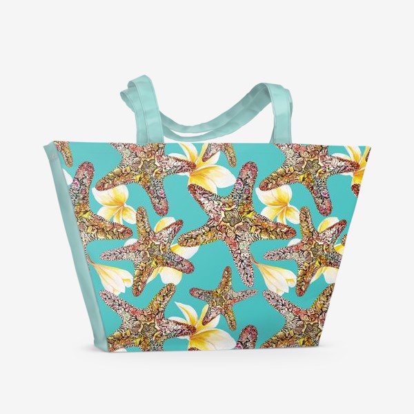 Пляжная сумка «Пляжный паттерн с морскими звездами и цветами»