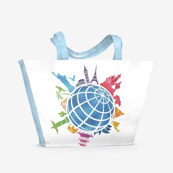 Пляжная сумка «Акварельный скетч с глобусом и достопримечательностями на белом фоне»
