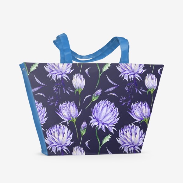 Пляжная сумка &laquo;Винтажные фиолетовые акварельные цветы на черном фоне&raquo;