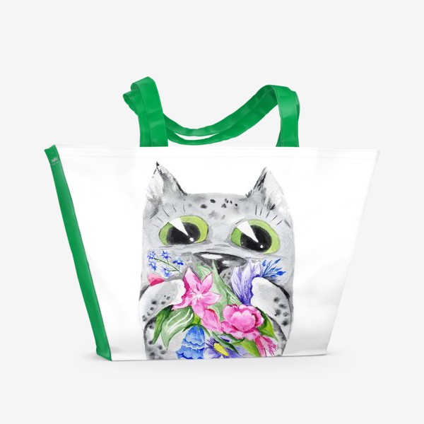 Пляжная сумка &laquo;Котик с цветами на 8 марта&raquo;