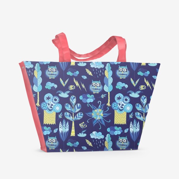 Пляжная сумка &laquo;Синий весенний паттерн с лесом, облаками и совами&raquo;