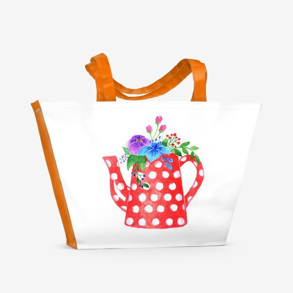 Пляжная сумка «Красный чайник с цветами»